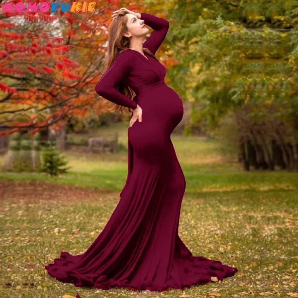 Womens Spring and Autumn Pregnant Dress Elegant Slimming V-neck Long Sleeve Mermaid Maxi Dress Used for Photography Baby Shower Photos W250113