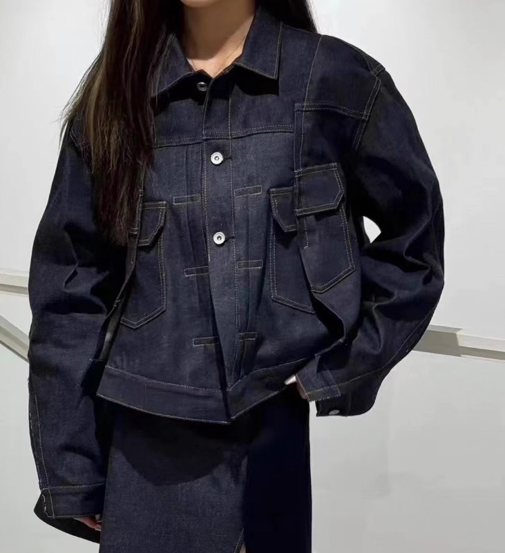 Womens Jackets 2024 High Quality Women Cotton Denim Patchwork Jacket Polo Collar Street Chic Stunning Fashion Design Trendy SC