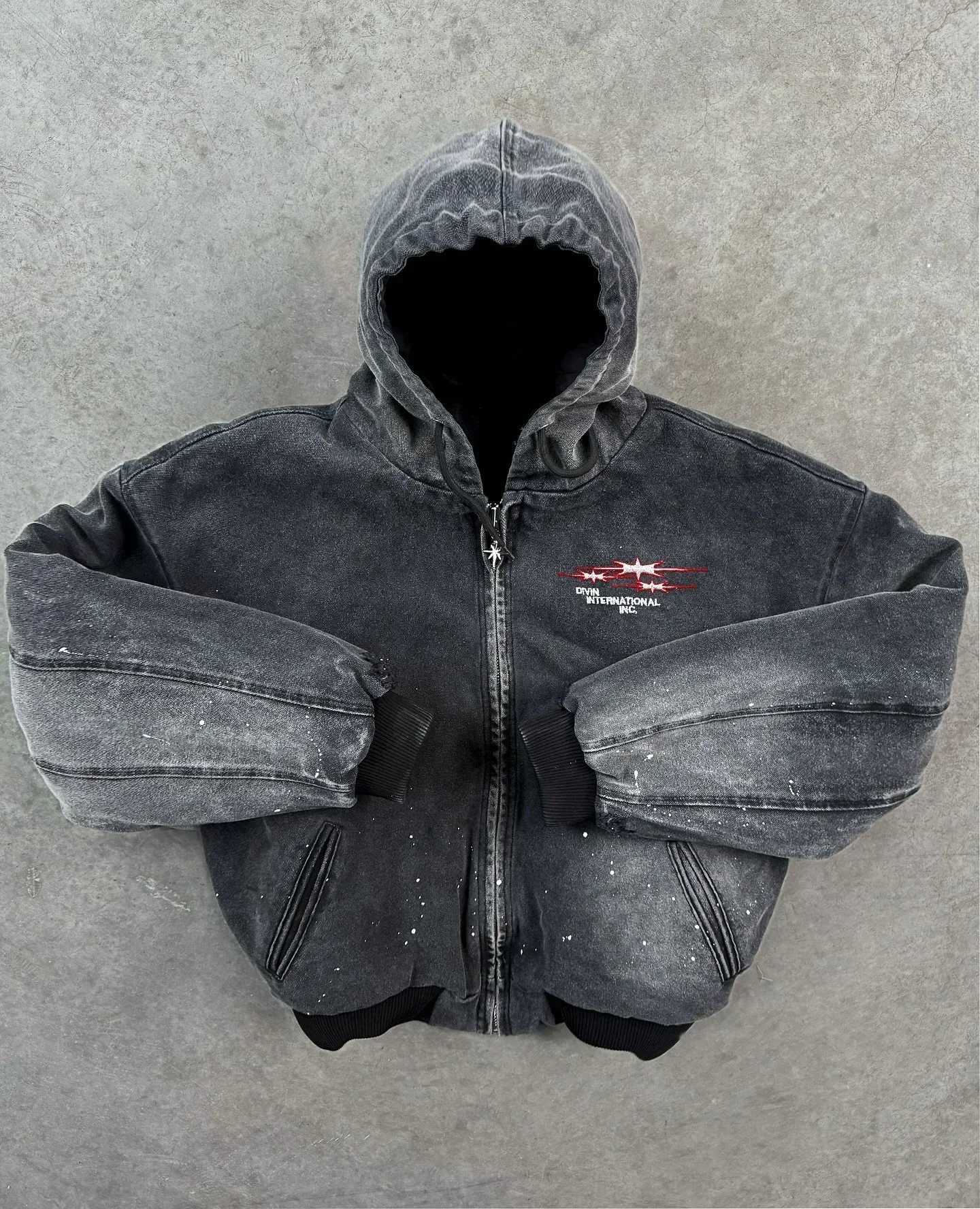 Divin New Street Zipper Hoodie Mens Retro Embroidery Washed Long Sleeve Coat mens High Street Hip Hop Gothic Punk X250125