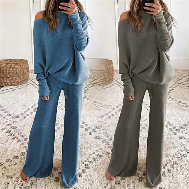 2pcs Autumn Winter Pant Suit Outfits Knitted Pullover off shoulder Top Wide Leg Pants Twopiece Set Women Tracksuits 250114Z