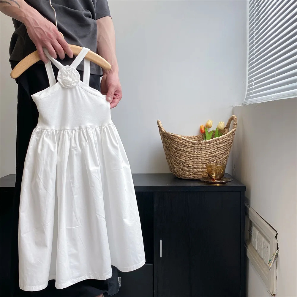 6870-1 Children Dress Summer Girls Small Suspender Dress French Childrens Sleeveless White Princess Dress 250120