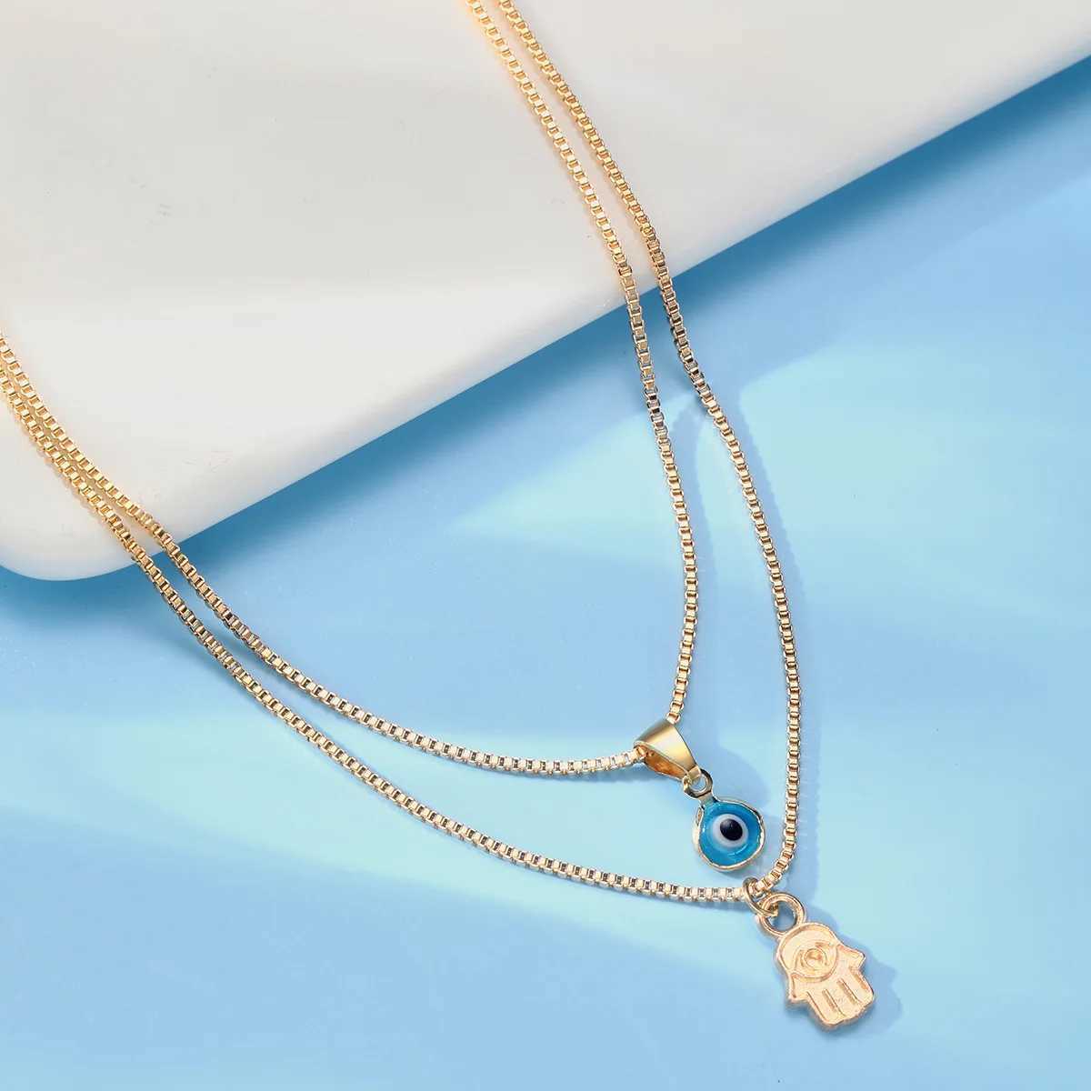 2 Pcs Double Layer Palm Evil Eye Clavicle Chains Necklace for Women Classic Fashion Turkish Lucky Blue Eye Choker Jewelry GiftsXJ250121