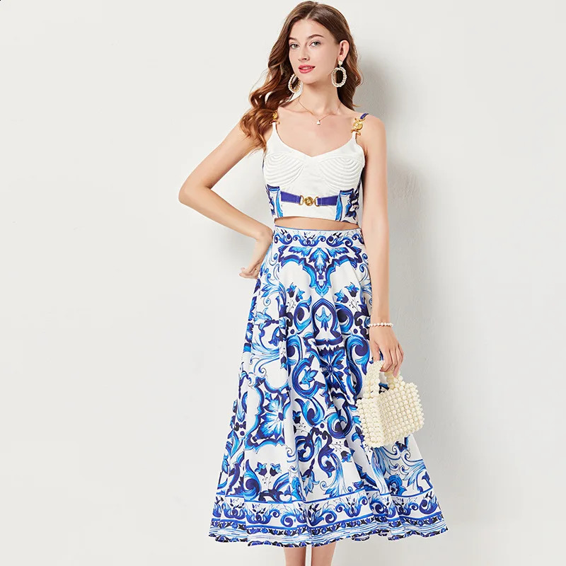 Summer Holiday Blue And White Porcelain Two Piece Set Womens Spaghetti Strap Padded Cup Zipper Print Short TopLong Skirt Suits 250109Z