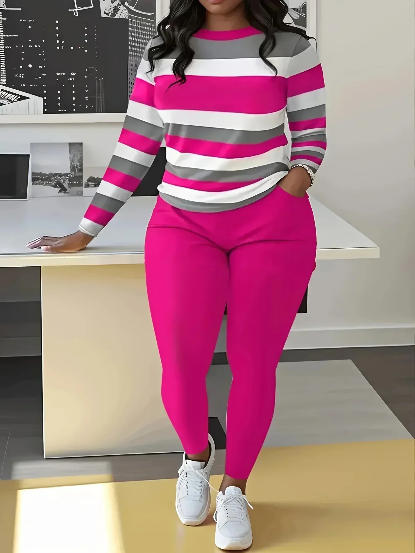 Plus Size Two Piece Sets Colorblock Casual ONeck Long Sleeve Top and Pants Set Womens Clothing Matching y250122