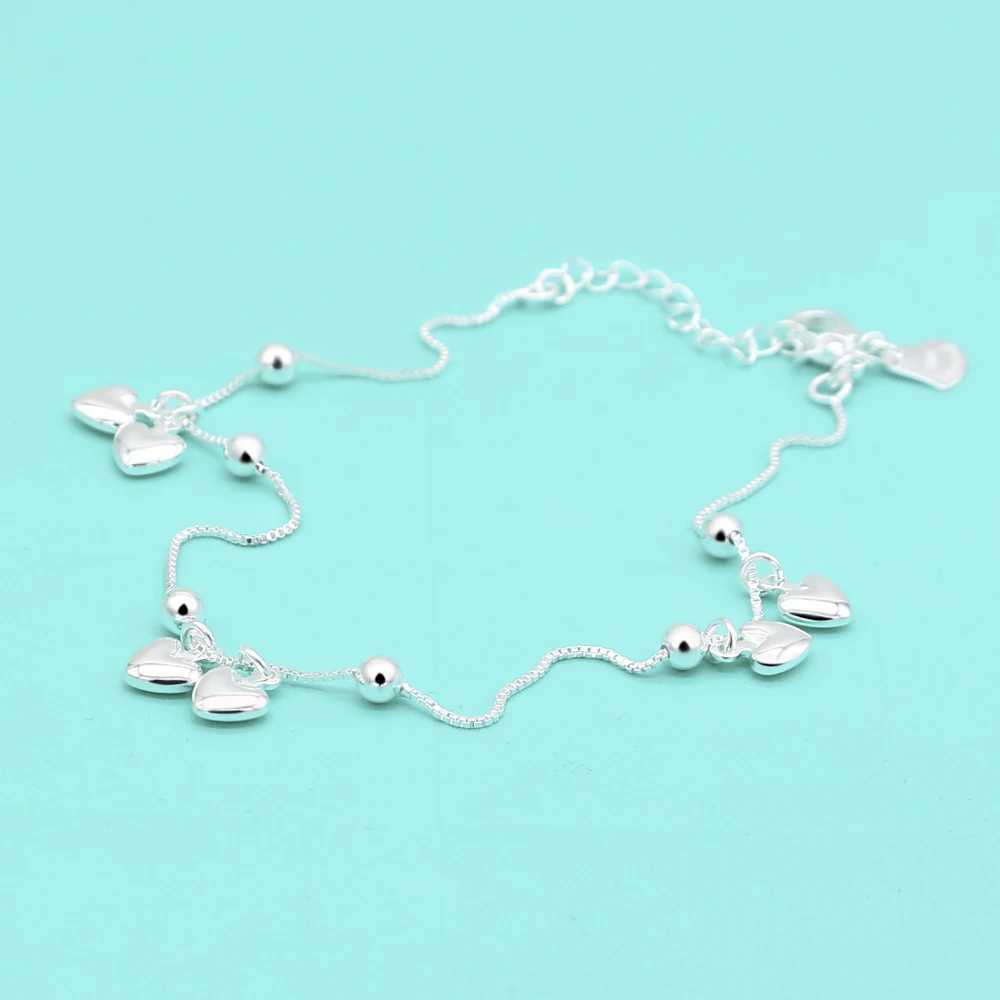 100% 925 Sterling Silver Heart Ankle Pendant Beaded Foot Jewelry Summer Beach On Foot Ankle Bracelets For Women Leg ChainXJ250121