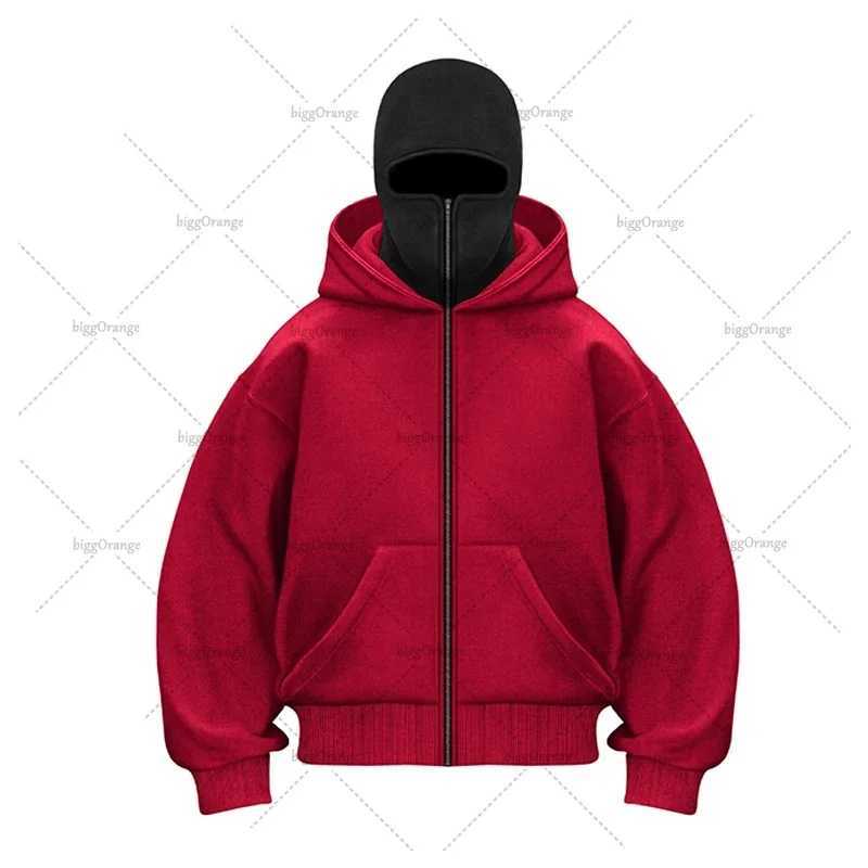 Hip Hop Punk Solid Color Double Hat Zipper Hoodie High Street Streetwear Jacket Men Personalized Splicing Oversized Sweatshirt X250125