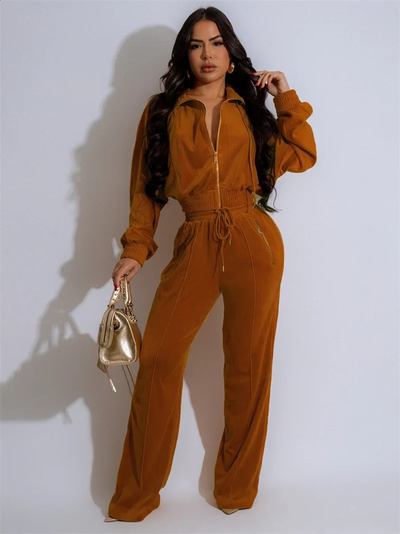 Velvet 2 Piece Sets Women Outfit Fall Clothes Women Solid Zip Up Top and Pants Sets Casual Tracksuits Set women Sweat Suits 250118