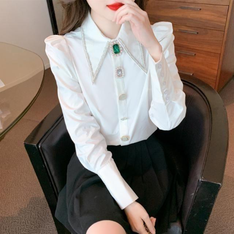 Women's Blouses Women' Clothes Pure Cotton White Fashion Long Sleeve Heavy Industry Drilling Lapel Loose Shirt Spring Summer 24
