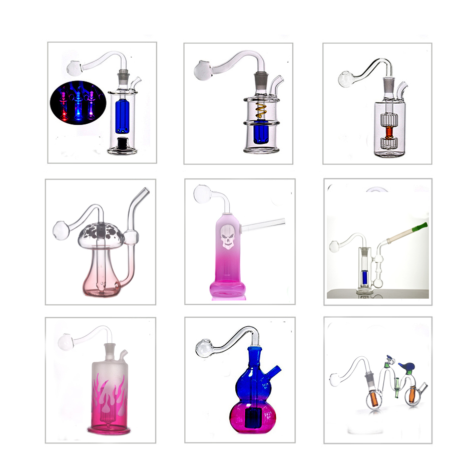 20 styles Pocket hookah glass oil burner Bong with Thick Pyrex Mini bubbler ashcatcher recycler Smoking Water Pipes Travel Bongs with male oil nail adapter