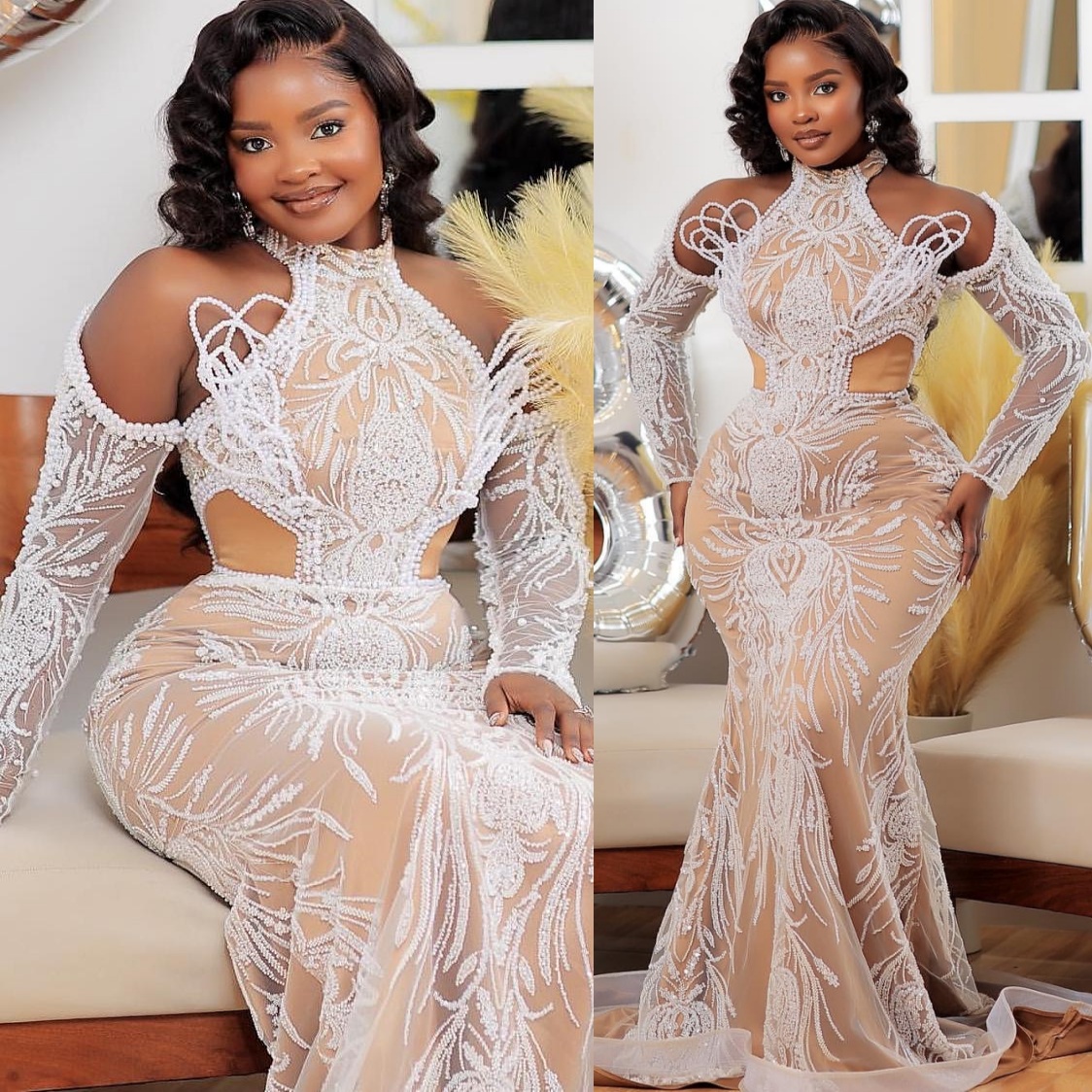 2025 Arabic Aso Ebi Plus Size Ivory Mermaid Wedding Dresses Illusion Pearls Sequined Lace Vintage Bridal Gowns Dress For Bride