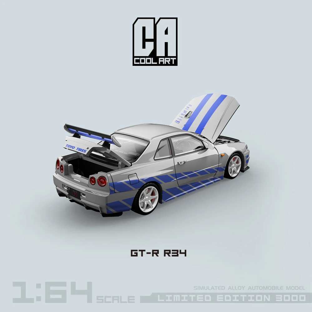 COOL ART 1 64 GT-R R34 Front and Back Open Blue and Silver Simulation Alloy Car Model for Collection Display Gift X250125