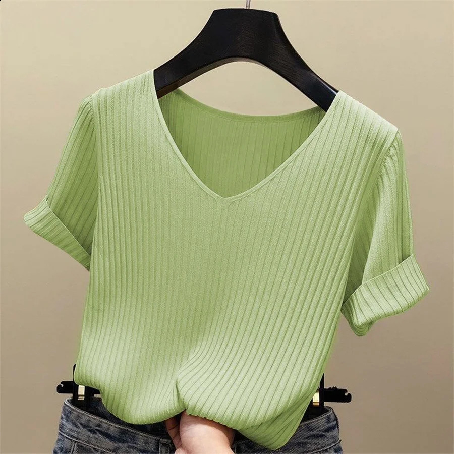 spring 2024 Summer Blouse Womens Blouses Fashion Short Sleeve VNeck Knitted Shirt Tops 250122