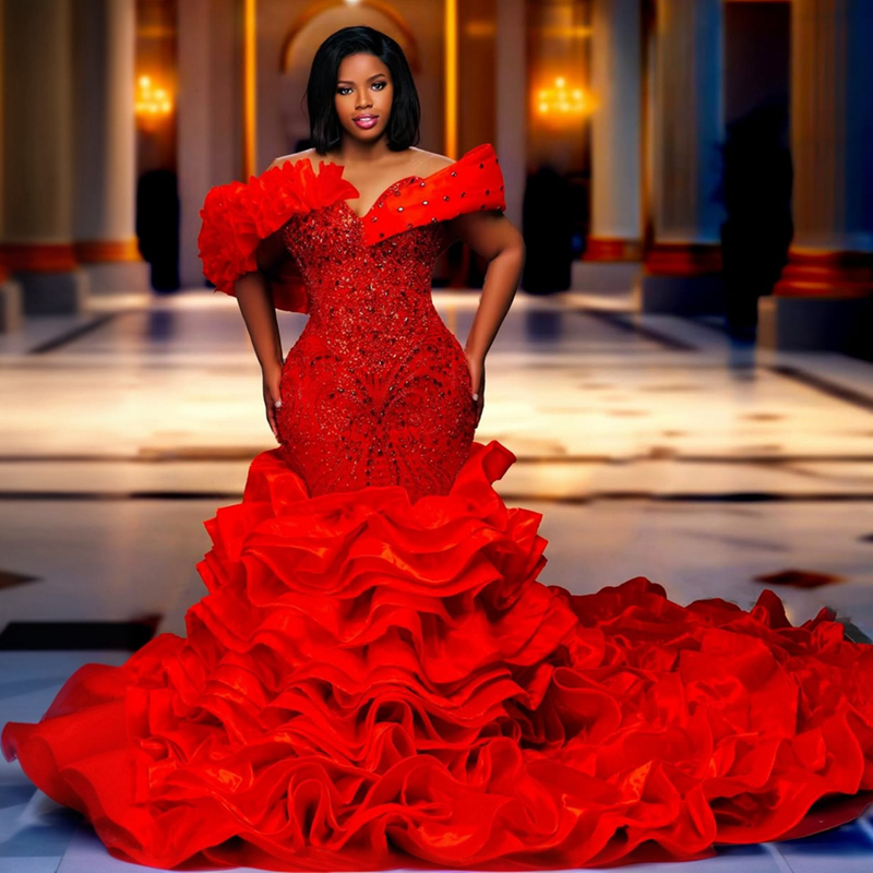 2025 Plus Size Aso Ebi Red Prom Dresses For Special Occasions Off Shoulder Mermaid Evening Dress Appliqued Beaded Lace Crystals Ruffles Birthday Recep