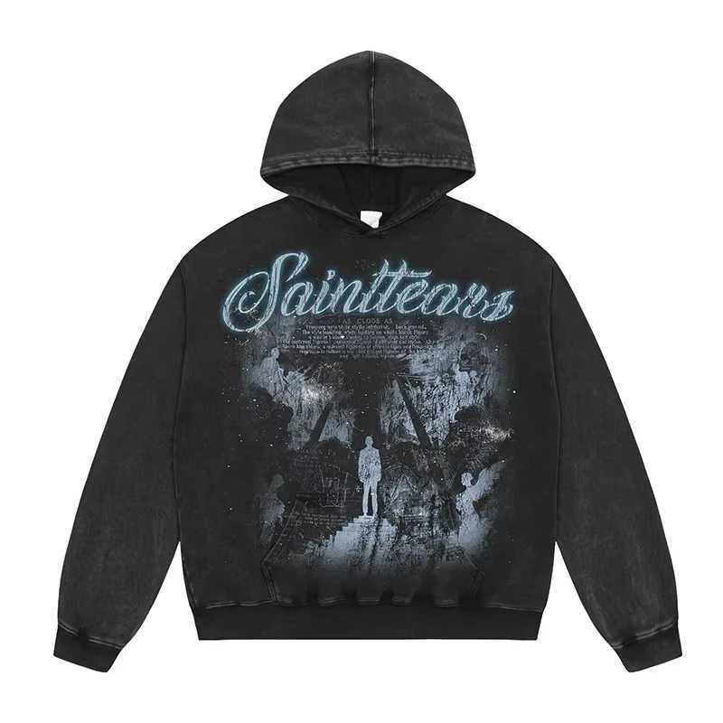 2024 Autumn Winter High Quality Oversized Hoodie Men Women Vintage Washed Black Blue Saint Tears Pullovers Graphics Print Hooded X250125