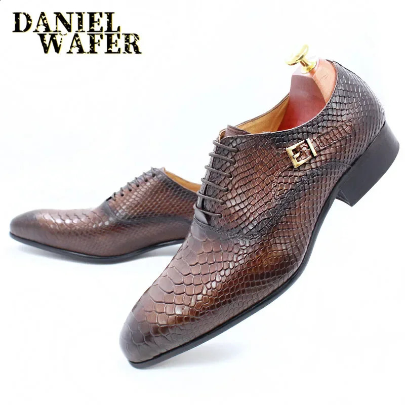 Mens Fashion Dress Leather Shoes Snake Skin Print Classic Lace-Up Oxford Formal in Wine Blue Coffee Black - Pointed Toe 250120