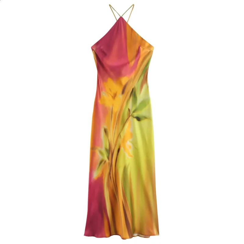 HXAO Womens Print Satin Long Dresses Summer Halter Neck Backless Floral Dress Midi Sleeveless Smooth Vestidos Vacation Dresses 250122