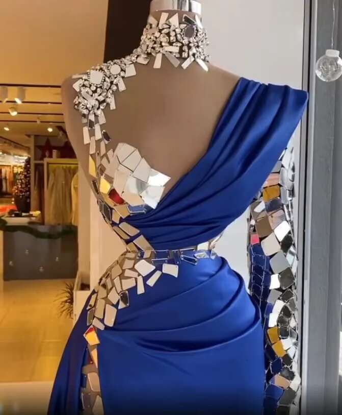 Royal Blue African Dresses Sheath One-shoulder Slit Crystals Long Dubai Arabic Black Girls Evening Gown Prom Customized