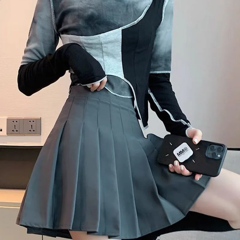 2024 summer womens ultrathin solid color pleated short sleeved college style pure desire high waist tight Aline clothing 250122
