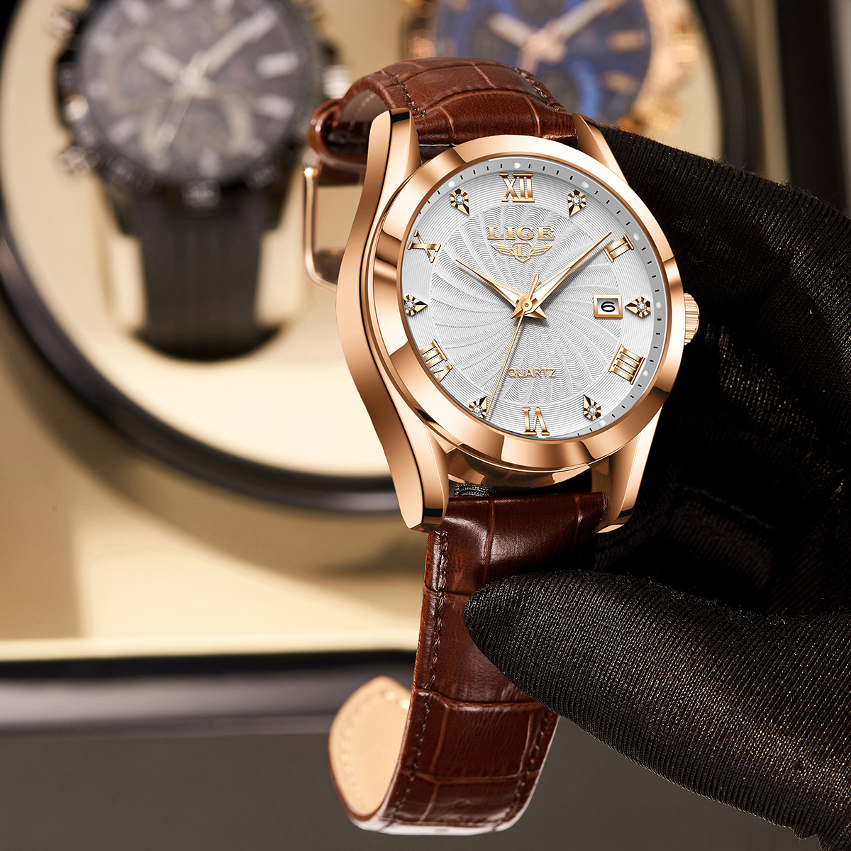 LIGE's new minimalist men's waterproof calendar, night light multifunctional quartz leather strap watch, holiday gift