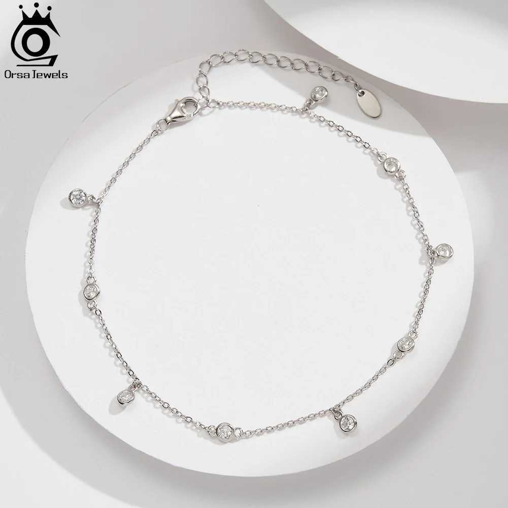 ORSA JEWELS 14K Gold 925 Sterling Silver Brilliant Zircon Stone Anklet for Wen Adjustable Summer Foot Chains Jewelry SA70 X250125