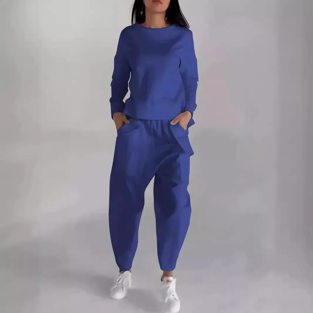 Lace fashion multi-pocket trend sports solid color casual pants suit autumn womens wear250120