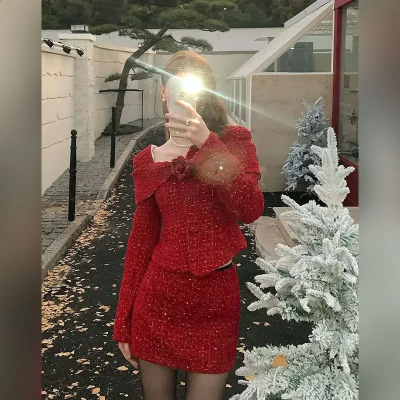 UNXX Small Fragrance Square Neck Wool Blazer Mermaid Skirt Suits Vintage Rose Patchwork Woolen Jacket Long Skirt Two-piece Set 250109