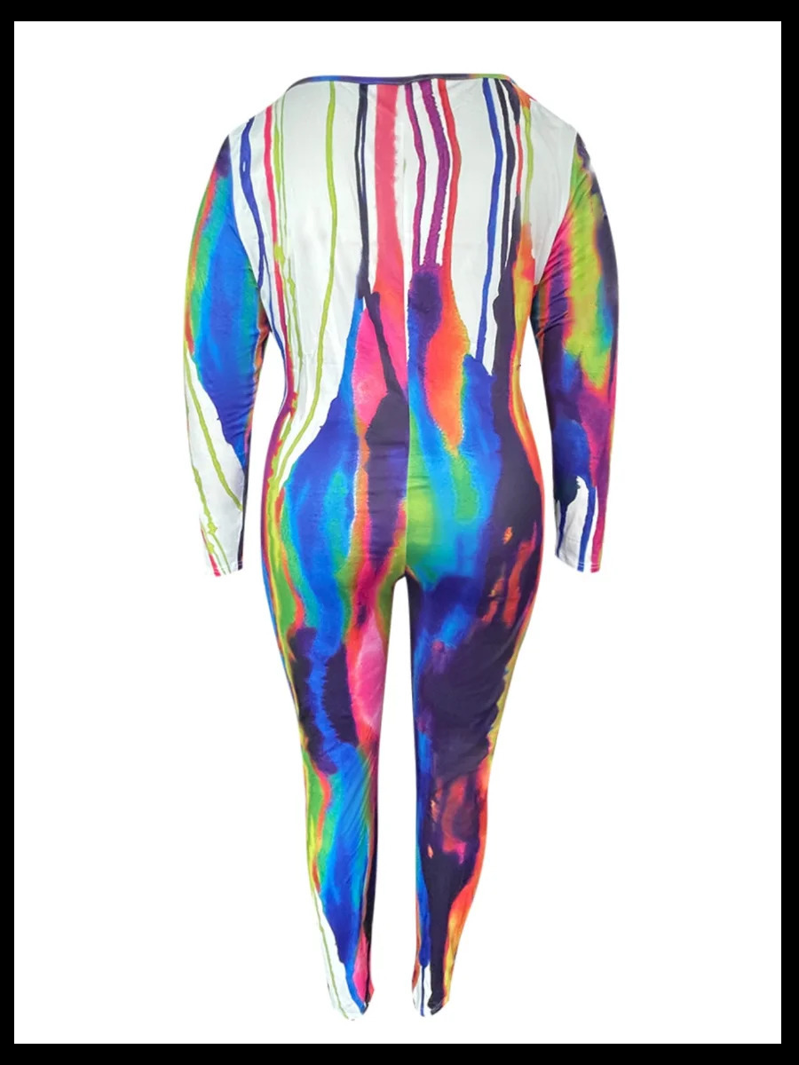 LW Plus Size SXY Pattern Print Jumpsuit 2024 Women One Piece Outfit Square Collar Tie Dye Long Sleeve Strip Long Romper Suits 250113