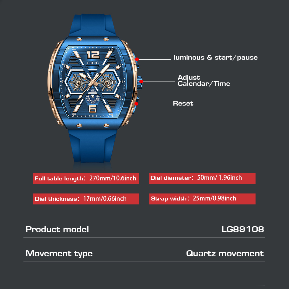 LIGE new men's quartz watch multifunctional waterproof calendar night light watch fashionable high-end sports watch