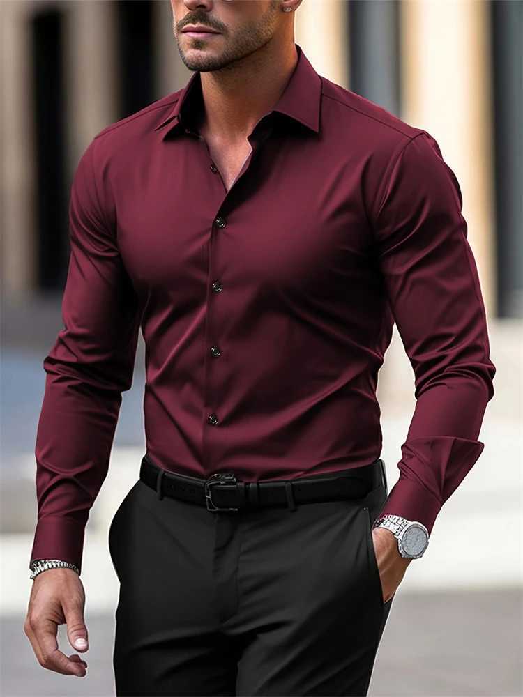 2025 Mens Shirt Business Button Down Shirt Summer Solid Color Long Sleeve Lapel Vacation Shirt Fashion Temperament Casual Tops X2501251