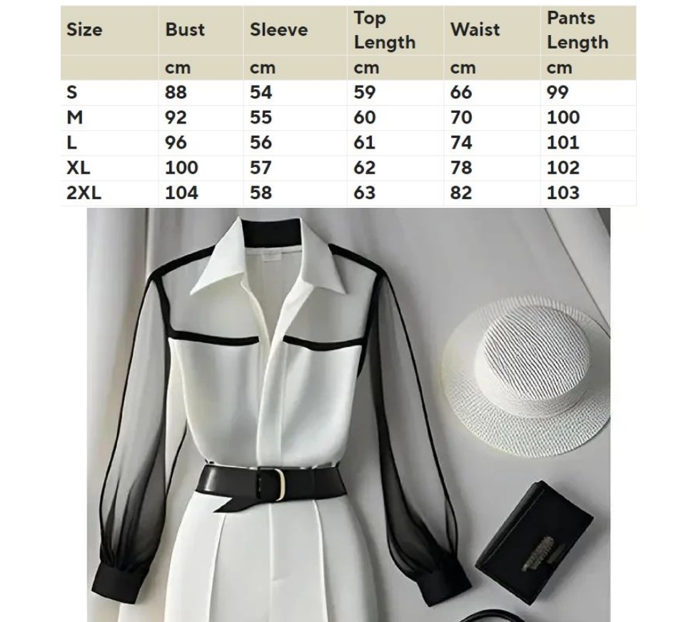 Women's Two Piece Pants White Trousers 2 Pieces Loose Pants Suit Womens Two Peice Sets Vintage Perspective Shirt Autumn Blouse Sleeve Korean Top