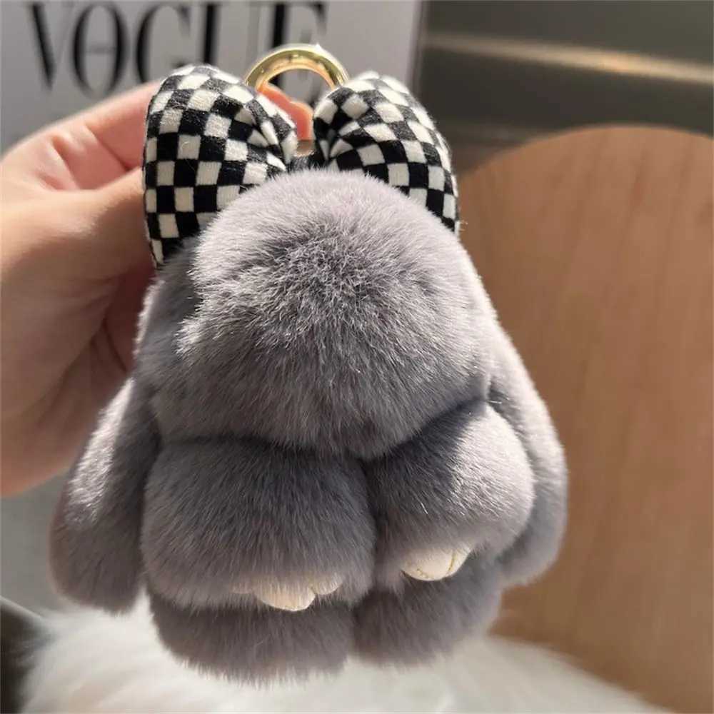 Hair Bow Rabbit Fur Keychain Pompoms Cute Fluffy Bunny Keychain Bag Charm Alloy Ring Plush Rabbit Key Ring Couple PendantXJ250116