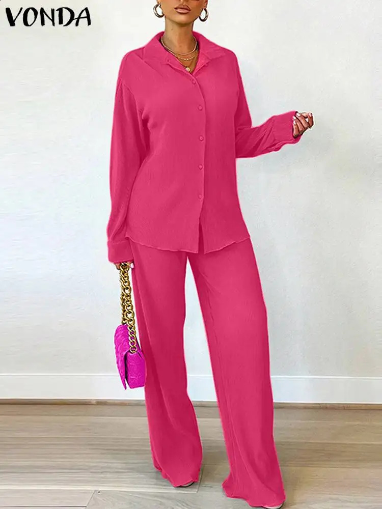 VONDA Plus size 5XL womens set 2024 European style matching casual collar twopiece elegant top and wide leg pants 250122
