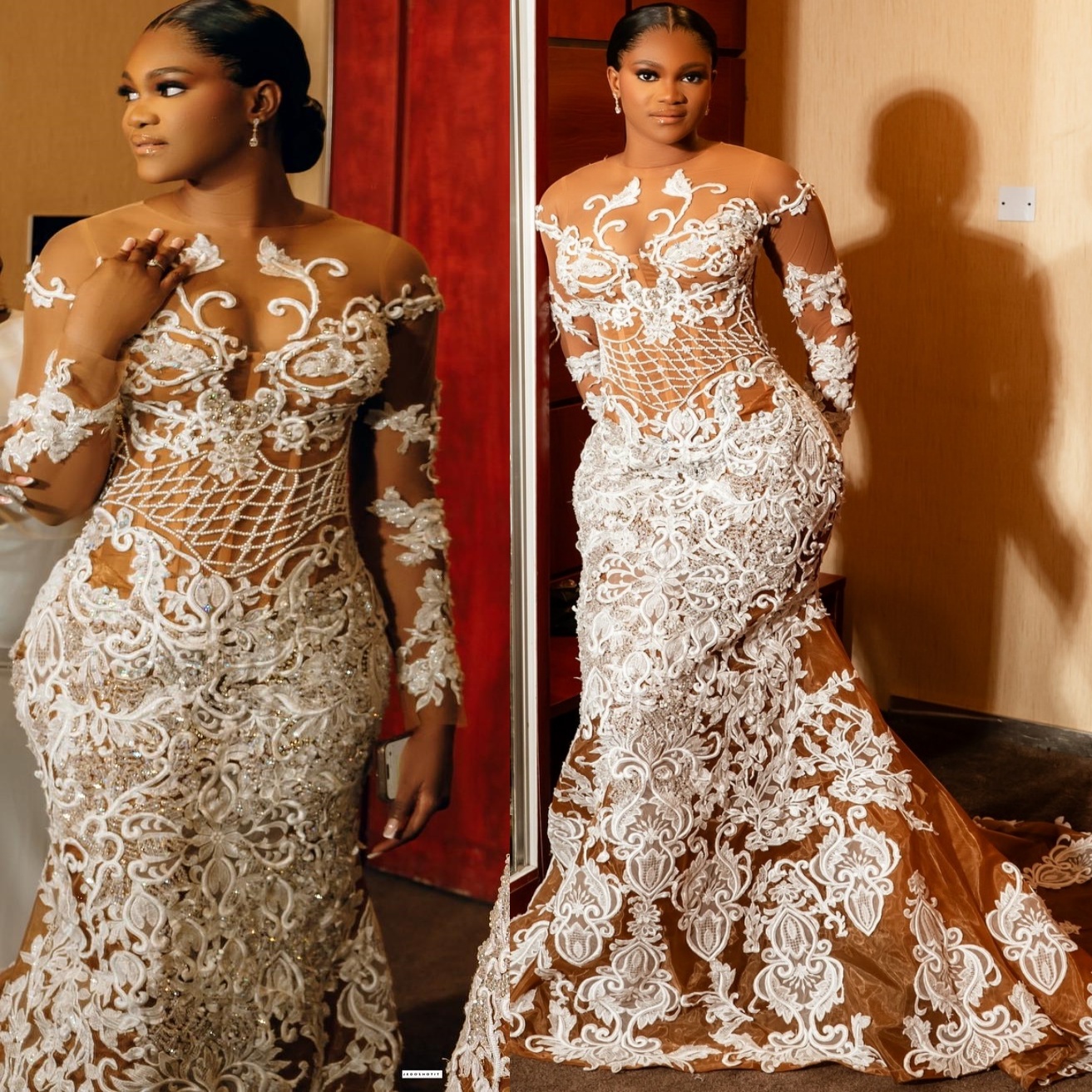 2025 Arabic Aso Ebi Plus Size Ivory Illusion Mermaid Wedding Dresses Crystals ral Lace Sheer Neck urious Vintage Bridal Gowns Dress For Bride