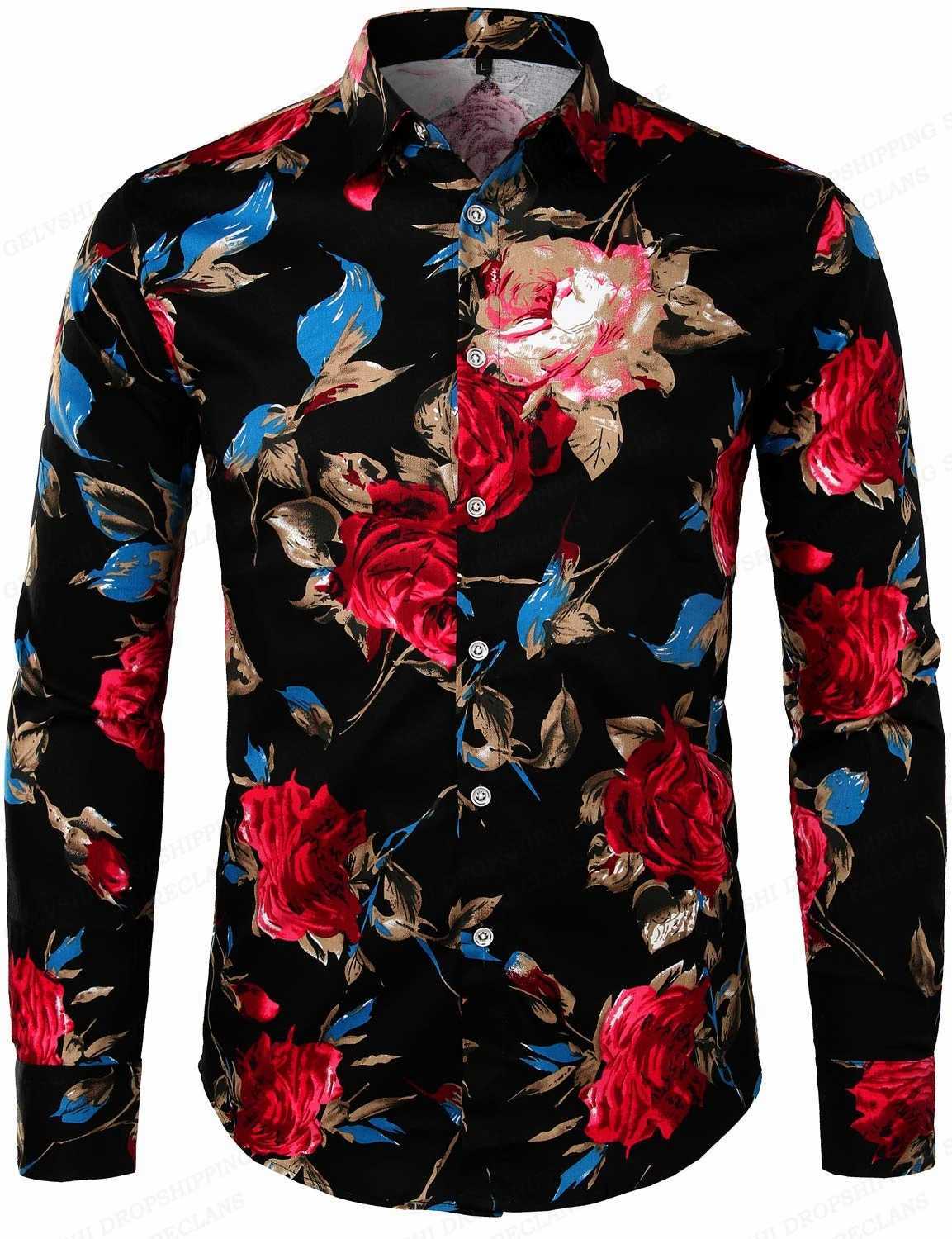 Red Rose Hawaiian Shirts Floral Print Shirts Men Fashion Shirt Long Sleeve Beach Blouse White Blouse Mens Clothing VocationXJ250121