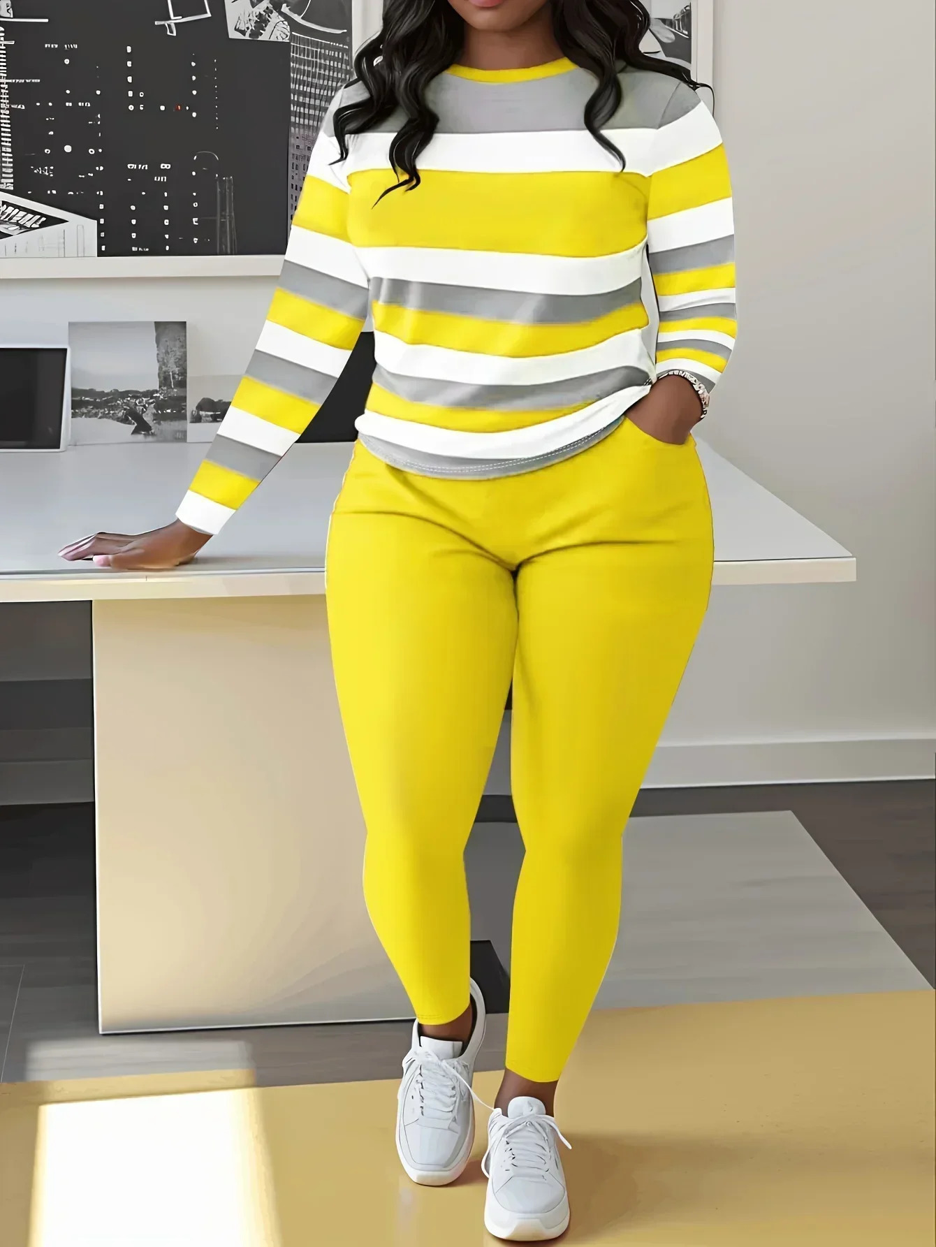 Plus Size Two Piece Sets Colorblock Casual ONeck Long Sleeve Top and Pants Set Womens Clothing Matching y250122