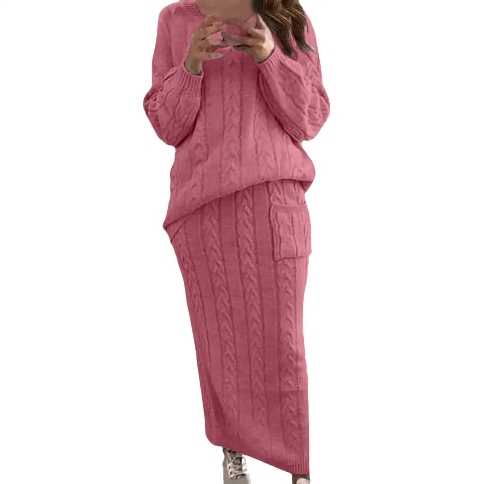 Sweater Women Set Autumn and Winter Two Piece Oneck Knit Tops Skirt Solid Casual Warm Dress 250109Z