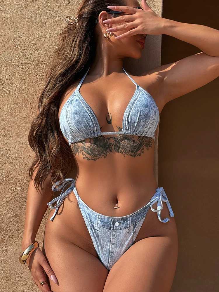 Womens Triangle String Bikini Set Sexy Tie Side Two Piece Swimsuit Retro Denim Printed Halter Bathing Suit Sexy Swimwear 2025XJ250120