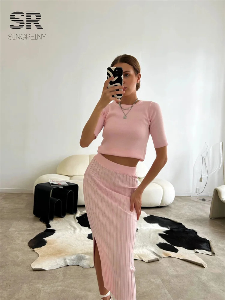 SINGREINY Casual Two Piece Set Summer O Neck Top Elastic Waist Long Skirt Fashion Office Lady Korean Knit Suit 250109Z
