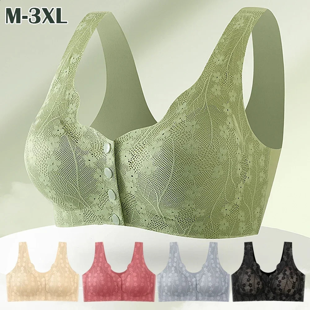 Middle aged and elderly mothers front button bra lace seamless breathable no steel ring ice silk sexy party 250122