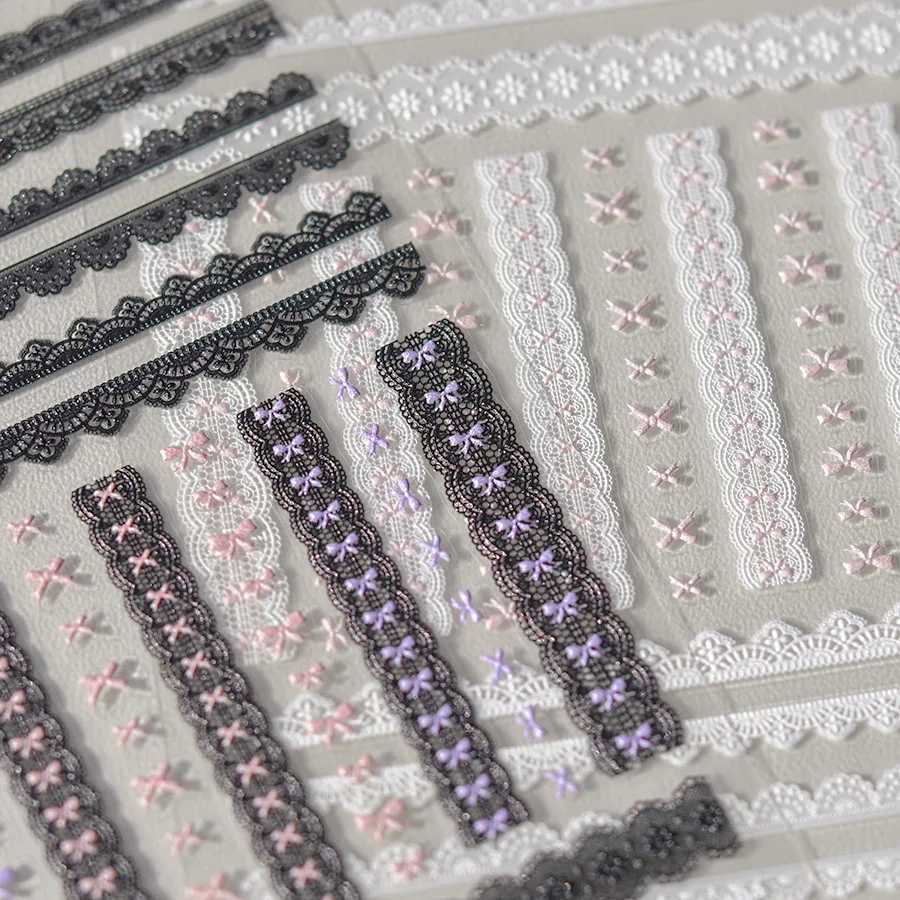 Sweet Pink White Lace Bowknot Love Heart Nail Stickers 5D Nail Art Design Decoration Decals DIY ManicureXJ250120