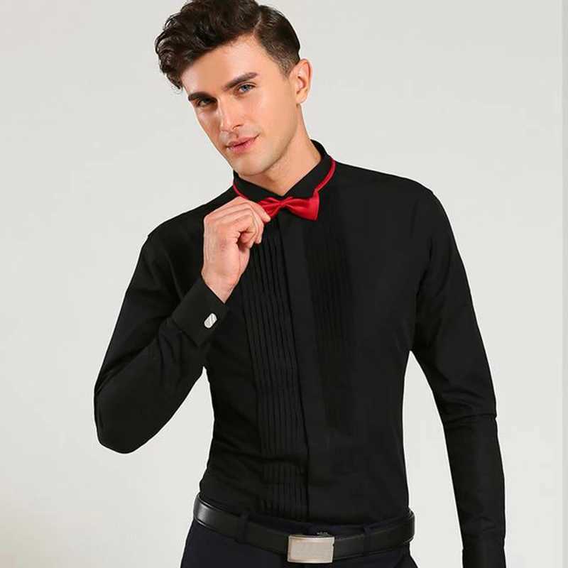 Classic Winged Collar Dress Shirt Mens Wingtip Tuxedo Formal Shirts with Red Black Bow Tie Party Dinner Wedding Bridegroom Tops X250903