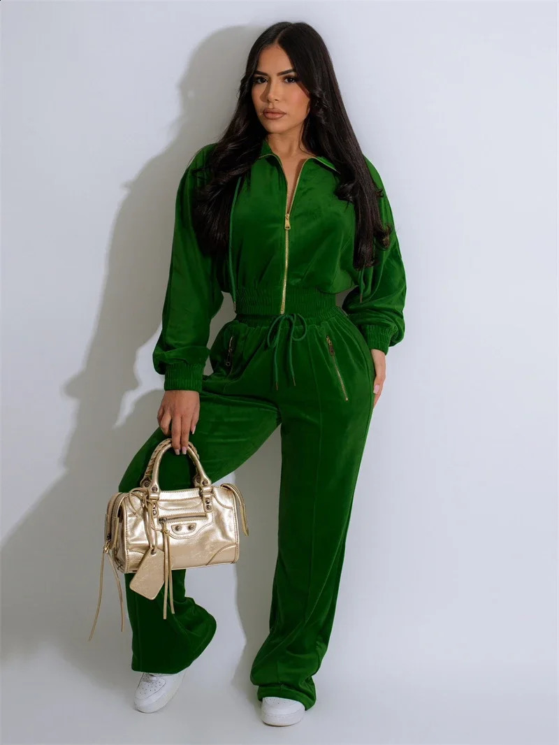 Velvet 2 Piece Sets Women Outfit Fall Clothes Women Solid Zip Up Top and Pants Sets Casual Tracksuits Set women Sweat Suits 250118
