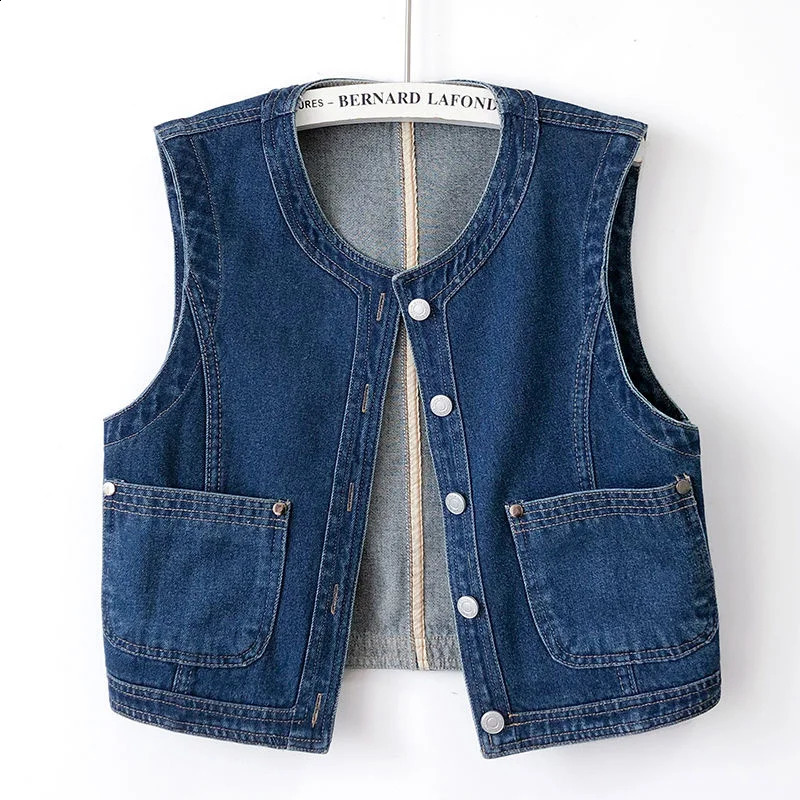 Vintage Blue Denim Vest Women Spring Summer Short Casual O Neck Big Pocket Cowboy Waistcoat Sleeveless Jeans Jacket Female 250122