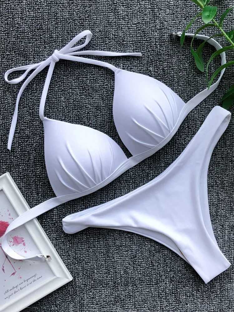 2025 Halter Bra Cup Bikini Sexy Swimsuit Female White Swimwear Women Push up Bikini set Brazilian Bathing Suit Bandeau Swim suitXJ250117