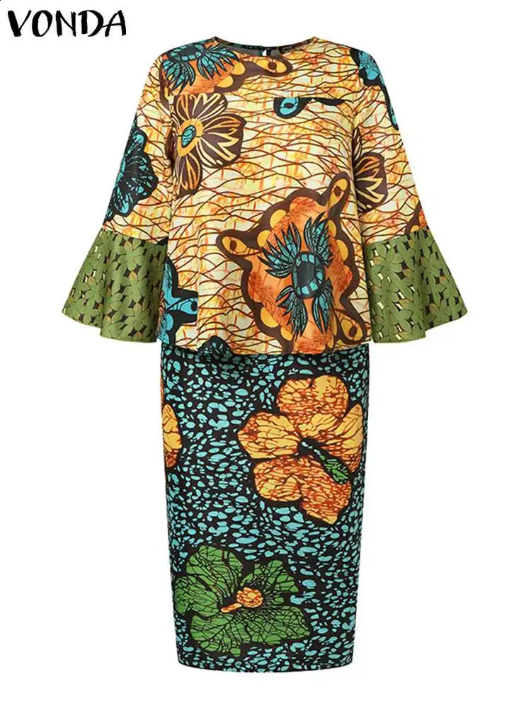 Large 5XL VONDA Autumn Bohemian Womens Dress Set 2024 Long Sleeve Floral Printed Tight Retro Casual Loose 250122
