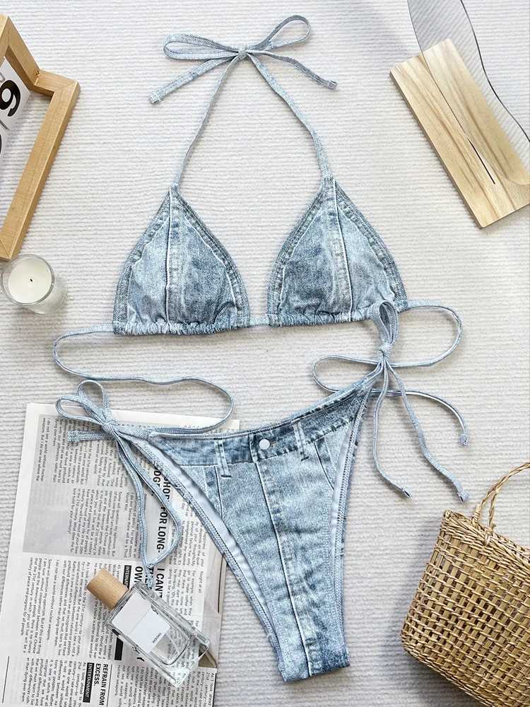 Womens Triangle String Bikini Set Sexy Tie Side Two Piece Swimsuit Retro Denim Printed Halter Bathing Suit Sexy Swimwear 2025XJ250120