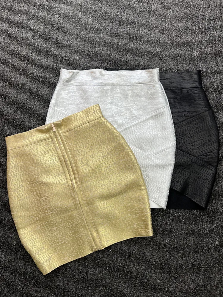 40CM Mini Short Elastic Bronzing Bandage Skirt Women Sexy Bodycon Asymmetric Pencil Skirts High Street Going Out Club Party 250117