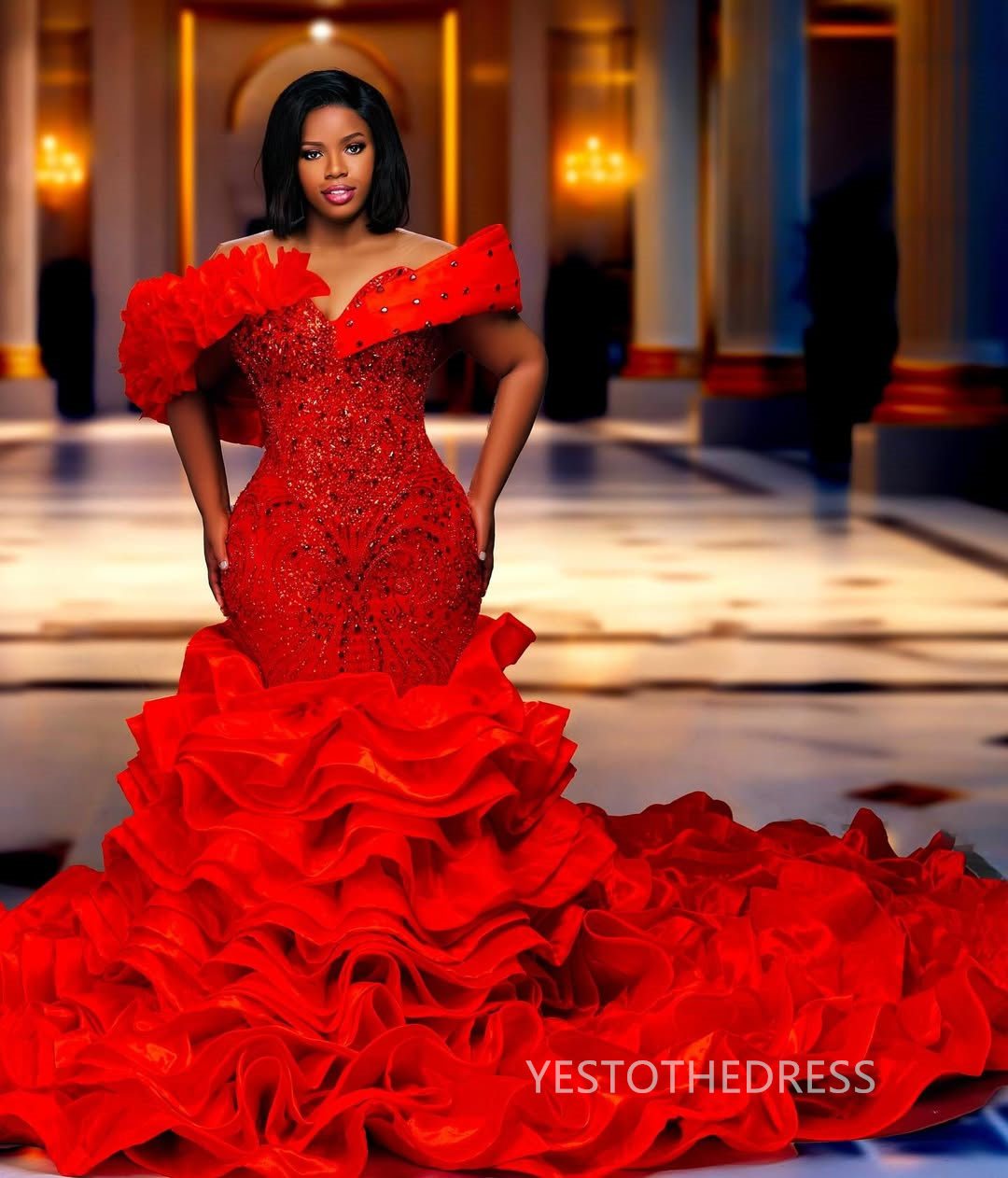 2025 Plus Size Aso Ebi Red Prom Dresses For Special Occasions Off Shoulder Mermaid Evening Dress Appliqued Beaded Lace Crystals Ruffles Birthday Recep