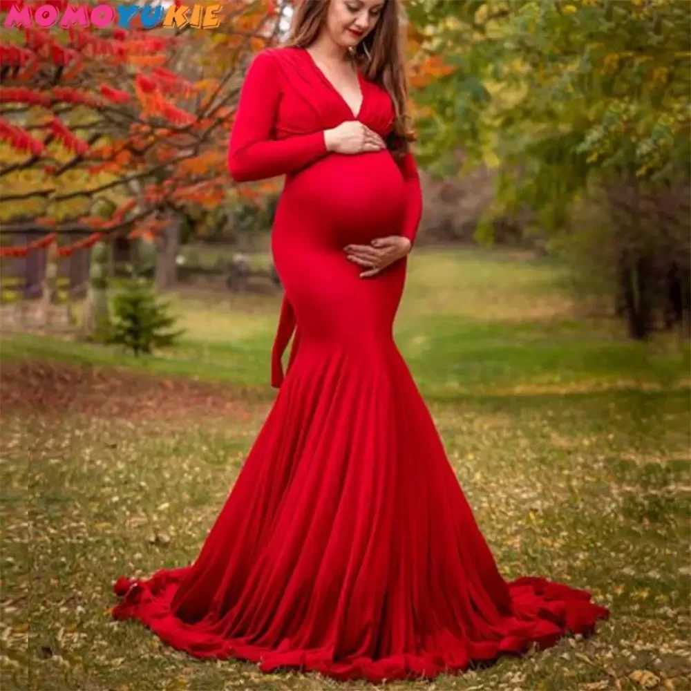 Womens Spring and Autumn Pregnant Dress Elegant Slimming V-neck Long Sleeve Mermaid Maxi Dress Used for Photography Baby Shower Photos W250113