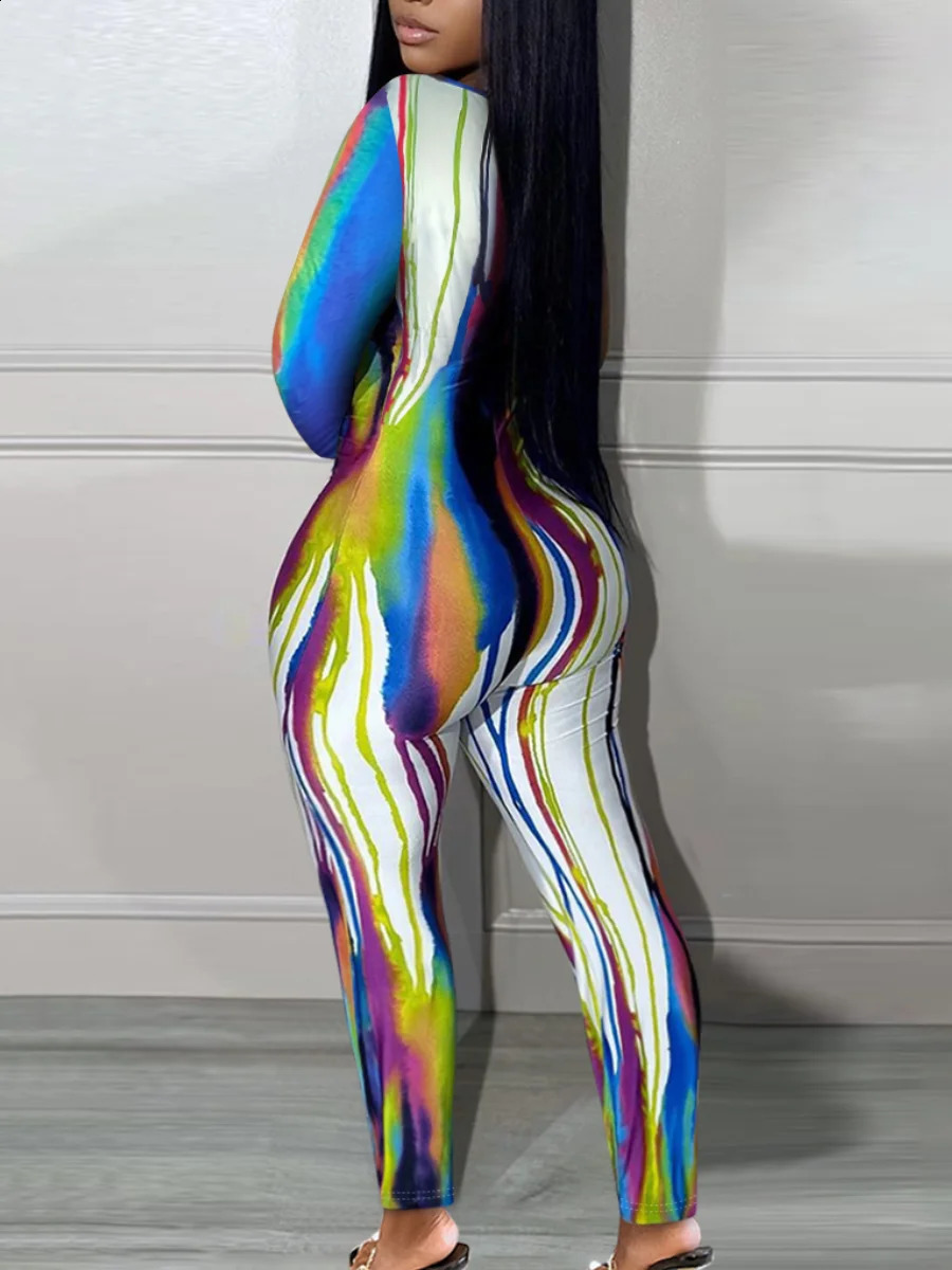 LW Plus Size SXY Pattern Print Jumpsuit 2024 Women One Piece Outfit Square Collar Tie Dye Long Sleeve Strip Long Romper Suits 250113